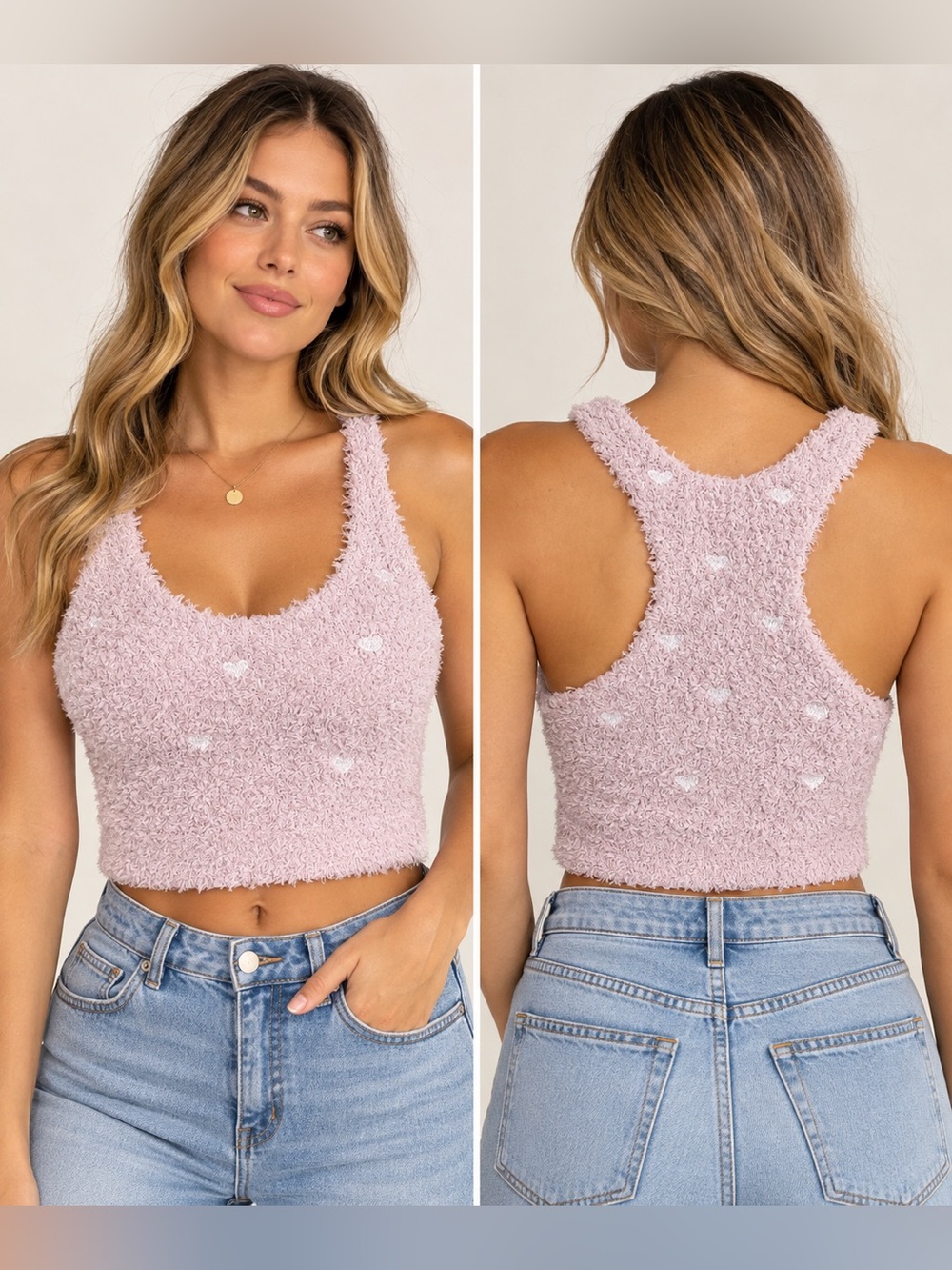 POL Fuzzy Heart Crop Tank Top Pink Small Racerback Cozy Plush NWOT Y2K Soft Girl